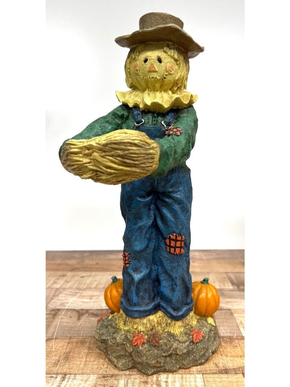 Scarecrow Figurine With Pumpkins - Rustic Fall Harvest Decor - Hand-Painted Resi